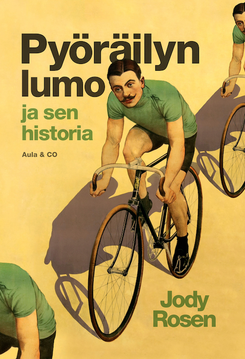 Pyöräilyn lumo ja sen historia -kirjan kansi. Kannessa piirros pyöräilevien miesten jonosta.