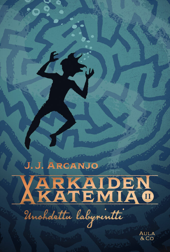 Unohdettu labyrintti -kirjan kansi. Kannessa tumma hahmo vajoamassa kohti labyrinttia.