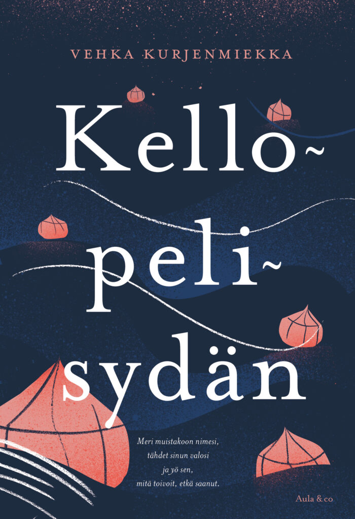 Kellopelisydän-kirjan kansi. Kannessa kirjan nimi ja vedessä kelluvia lyhtyjä.