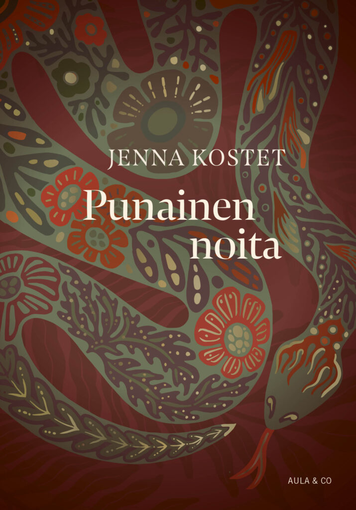 Punainen noita -kirjan kansi. Kannessa kerällä oleva käärme, jonka nahassa on kukkasia.