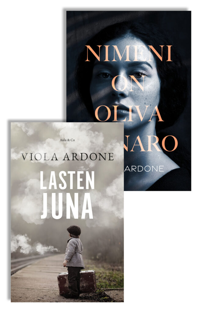 Kirjojen Lasten juna ja Nimeni on Oliva Denaro kannet. Viola Ardone