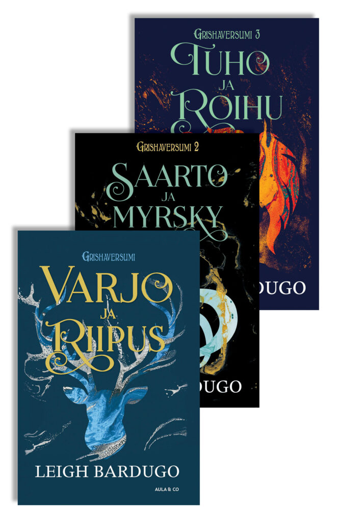 Varjo ja riipus -trilogiaan kuuluvien kirjojen kannet. Leigh Bardugo