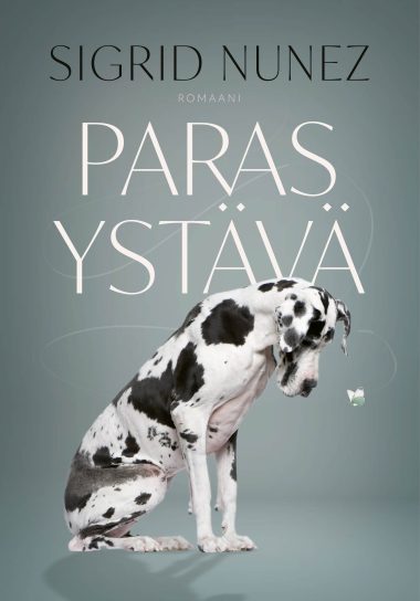 Paras ystävä -kirjan kansikuvassa on istuva koira, joka seuraa lentävää perhosta.